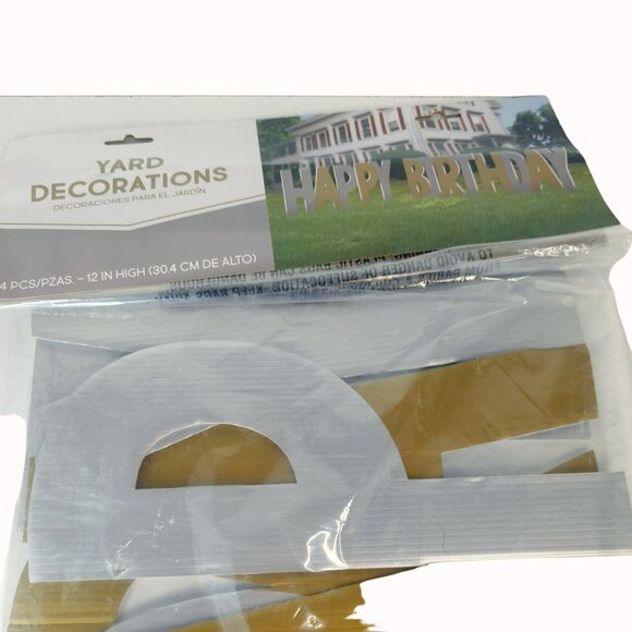 Metallic Gold & Silver Happy Birthday Yard Sign Kit 12-inches High - Picture 2 of 4